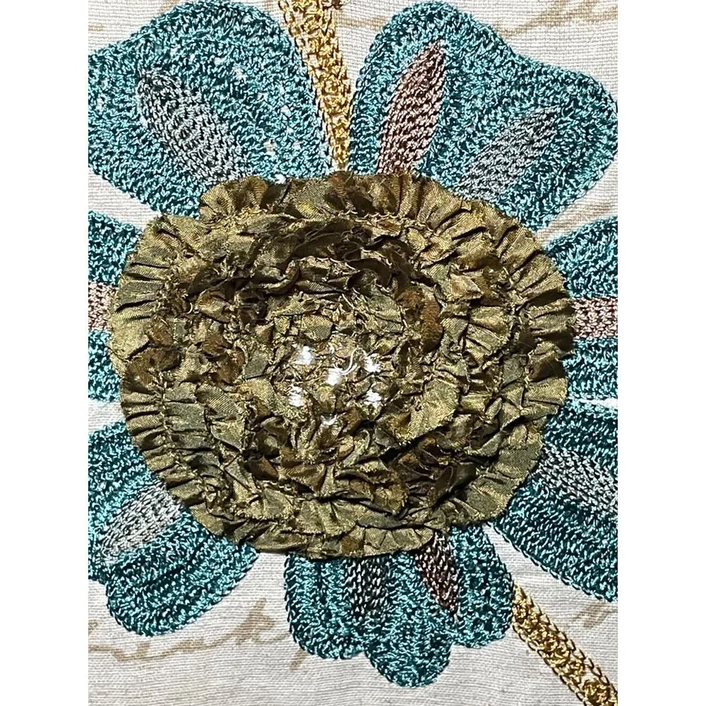 Pier 1 Imports 72x13 Embroidered Floral Table Runner Teal Cottagecore Decor